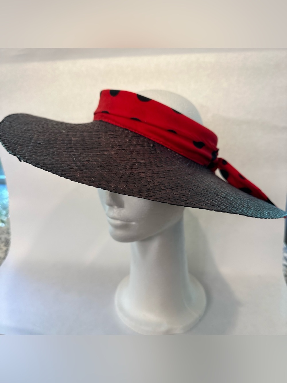 Vintage Nordstrom Open Top Hat 70s Black Woven Straw Red Polka Dot Bow Italy